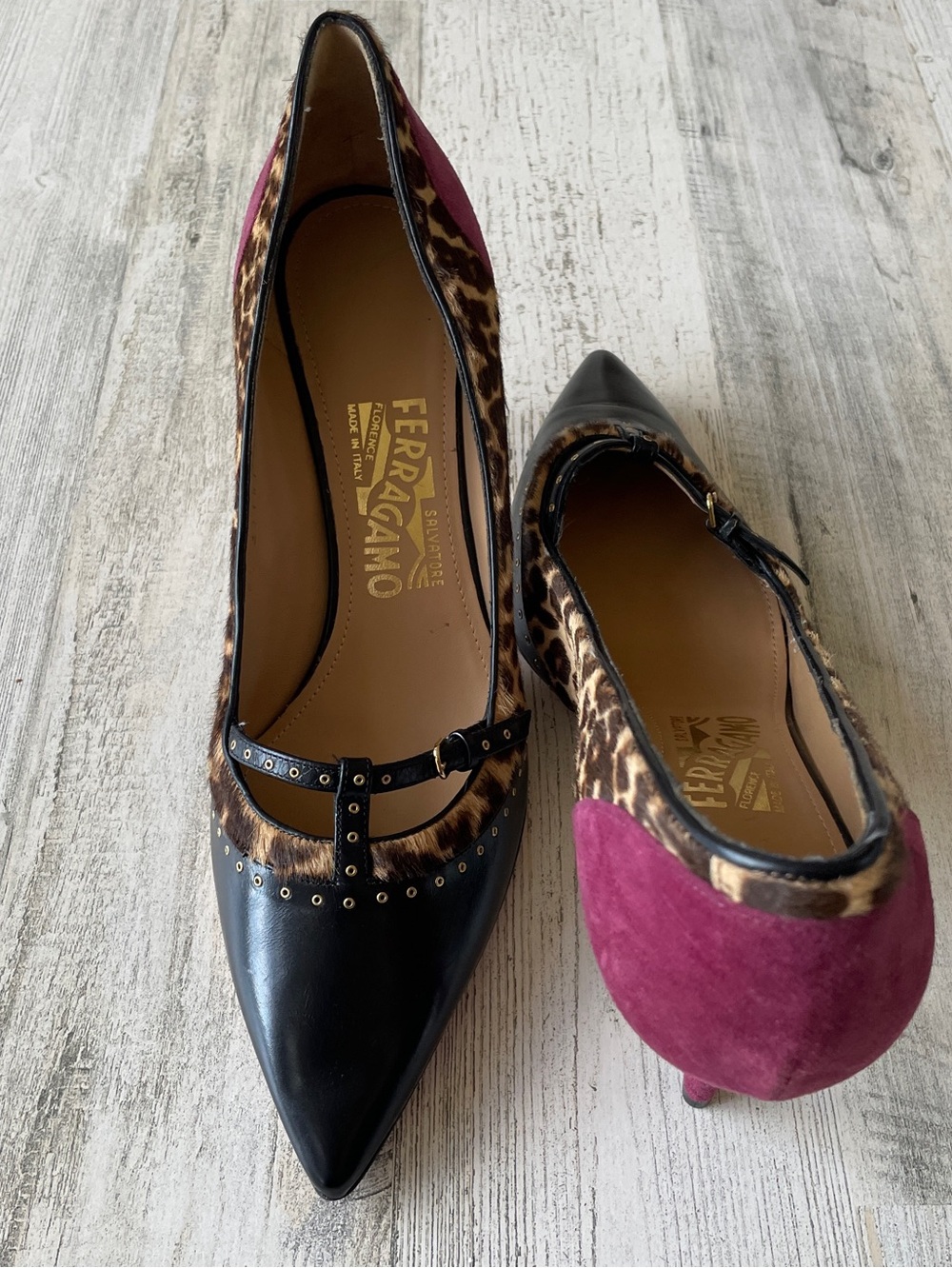 Salvatore Ferragamo Linea Nero Calf Hair Leopard Heels & Leather & Suede SZ 8.5